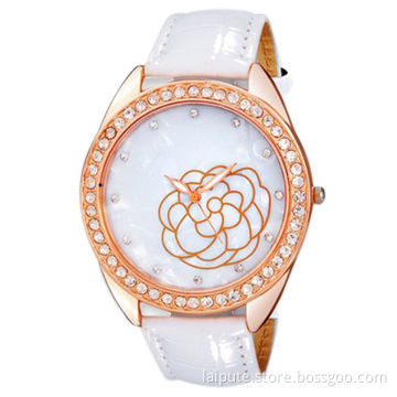 Women's Rose Print Crystal Decorated Analog Watch with Faux Leather Strap